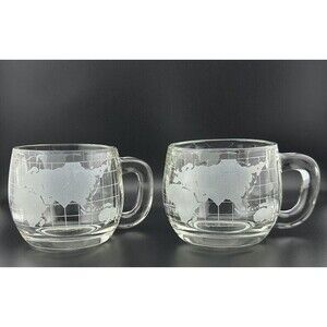 Vintage 2 NESTLE Etched Clear Glass World Globe Map COFFEE CUPS MUGS Free Ship